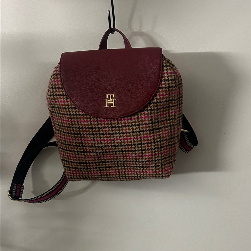 Tommy Hilfiger Burgundy Tweed Houndstooth Backpack with Gold Logo
